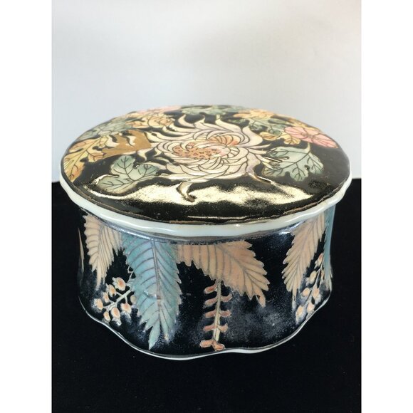 Vintage Japanese Ceramic Trinket Box with Lid Round Floral Design Decorative - Picture 2 of 12